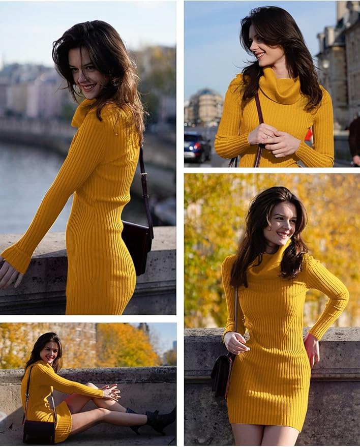 Image of v28 Sweater Dress for Women Ribbed Knit Fitted midi Sexy Fall Winter Bodycon Cowl Neck Dresses