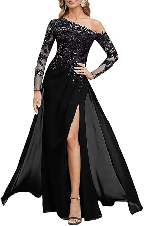 Long Sleeve Mother of the Bride/Groom Dresses for Wedding with Pocket Chiffon Lace Applique A Line Black Corset Formal Evening Party Gowns for Women with Slit Us4
