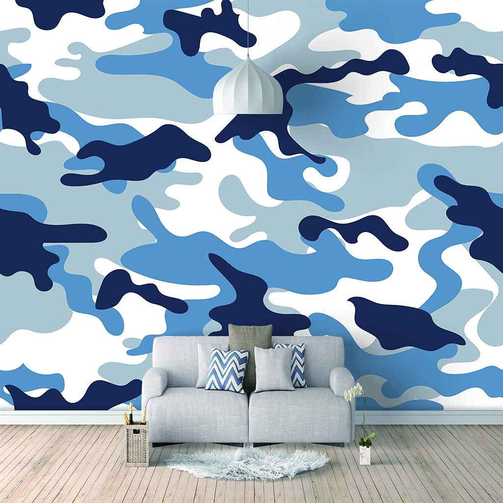 Papier peint toile panoramique 3D bleu camouflage DIY de 350x256 cm