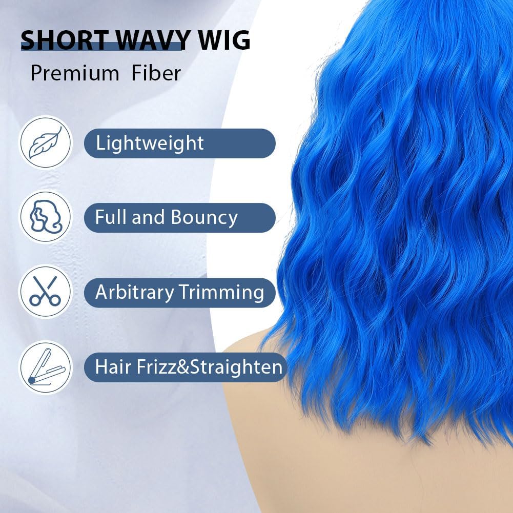 Colorfulpanda Short Bob Blue Wigs for Women Shoulder Length Wavy Curly Wig with Fringe Natural Synthetic Heat Resistant Hair Wig Daily Party wig 14 Inch - Image 3