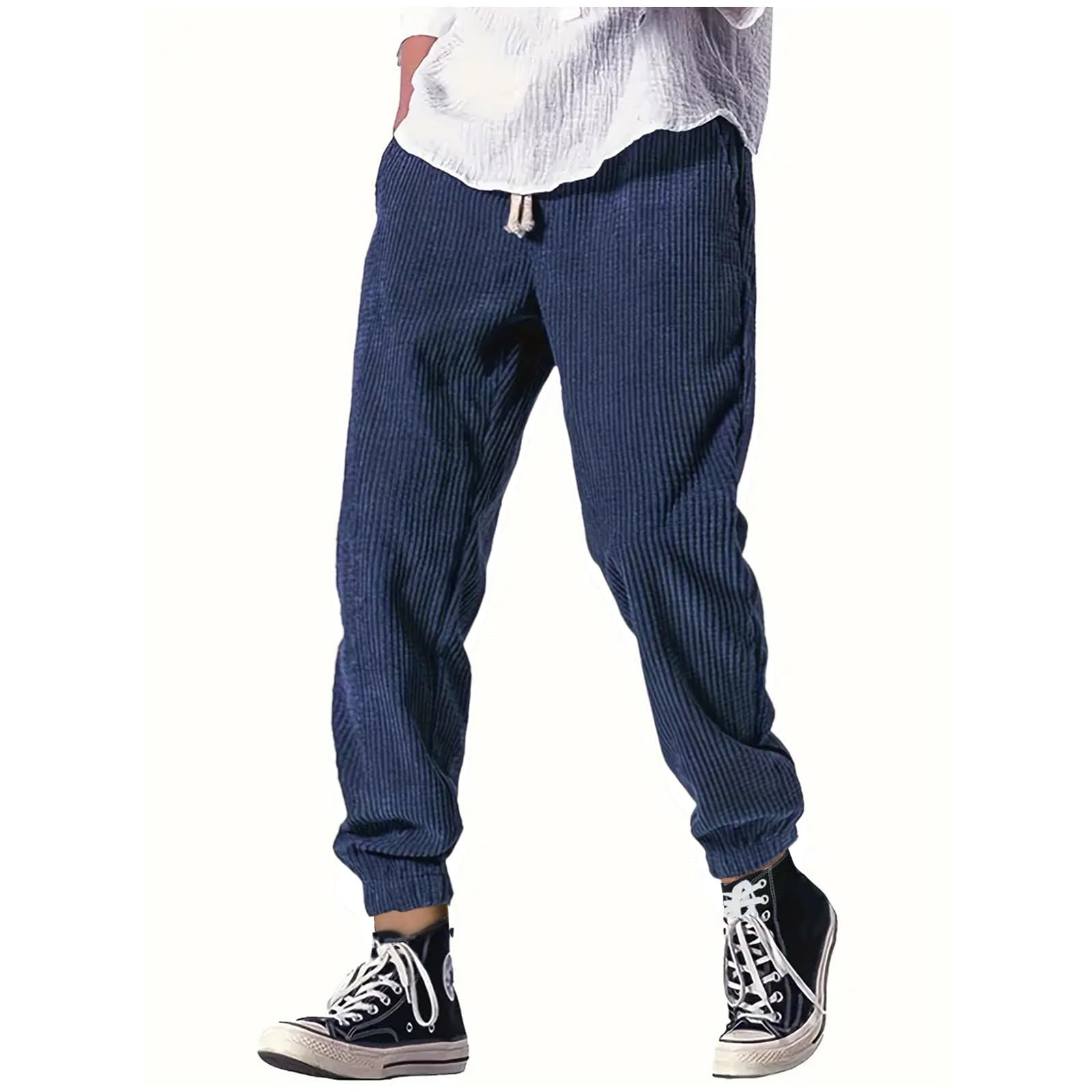 Generico Kirakuco Men's Japanese Loose Trousers Corduroy Long Straight Cut Trousers with Elastic Waist and Drawstring Baggy Elastic Casual Streetwear, S-3XL - 3