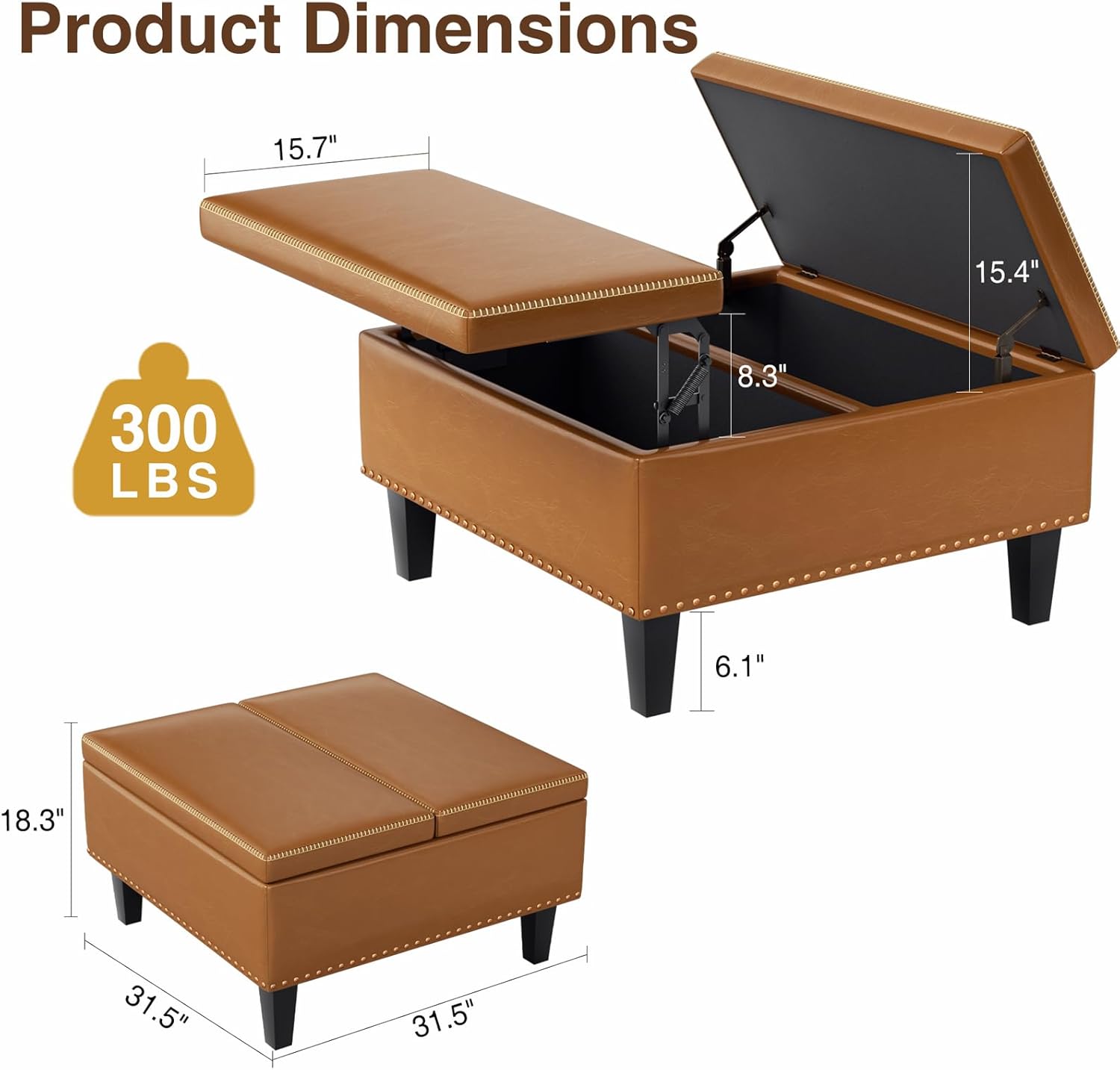 AKMAKM 31.5" Faux Leather Square Ottoman with Storage Brown | Large Lift Top Coffee Table Footstool for Living Room with Padded Cushion & Elevated Wood Legs