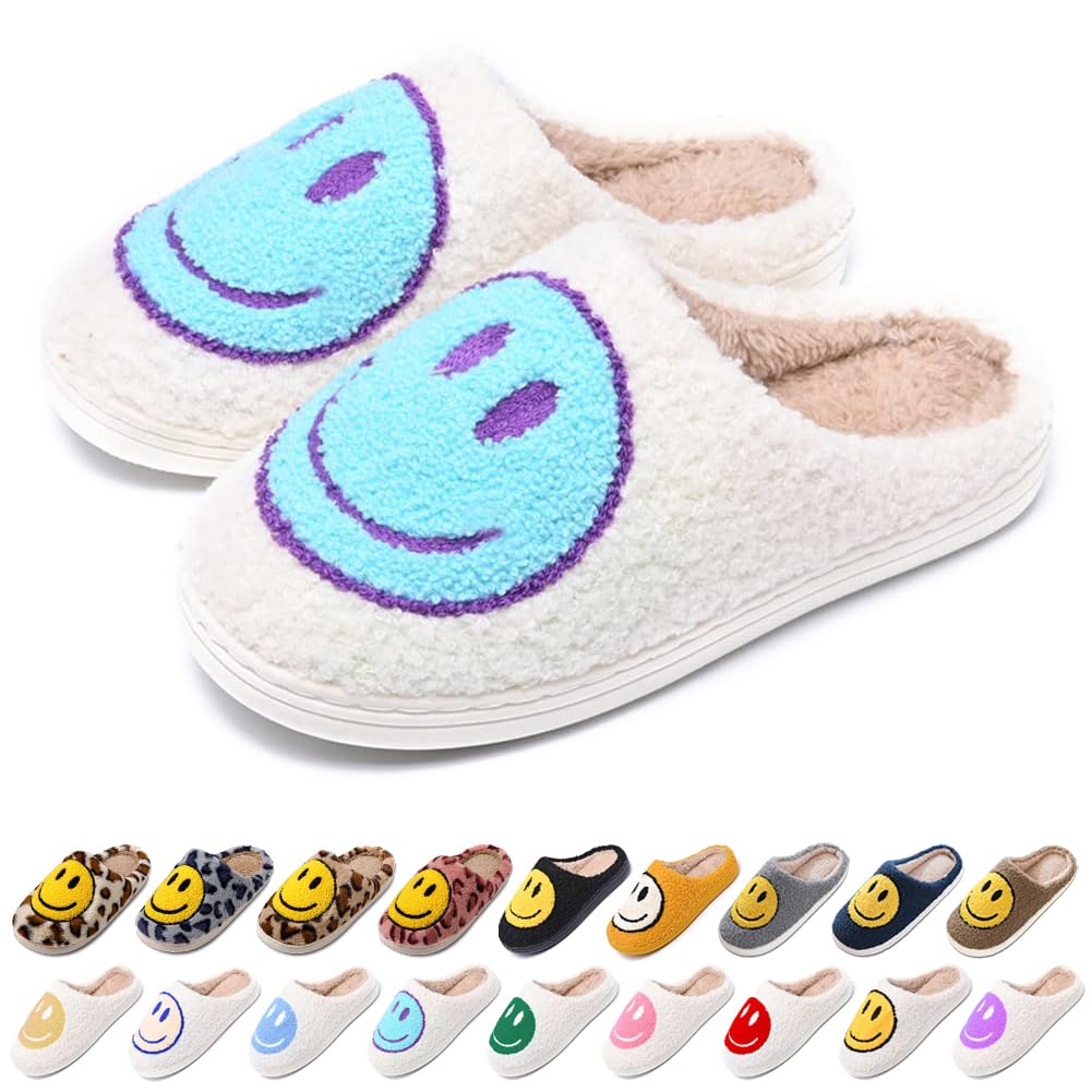 Women's Men's Retro Preppy Happy Face Slippers Comfy Warm Plush Slip-On House Slipper for Winter Indoor Soft Cushion Non-slip Fluffy Slides Slippers