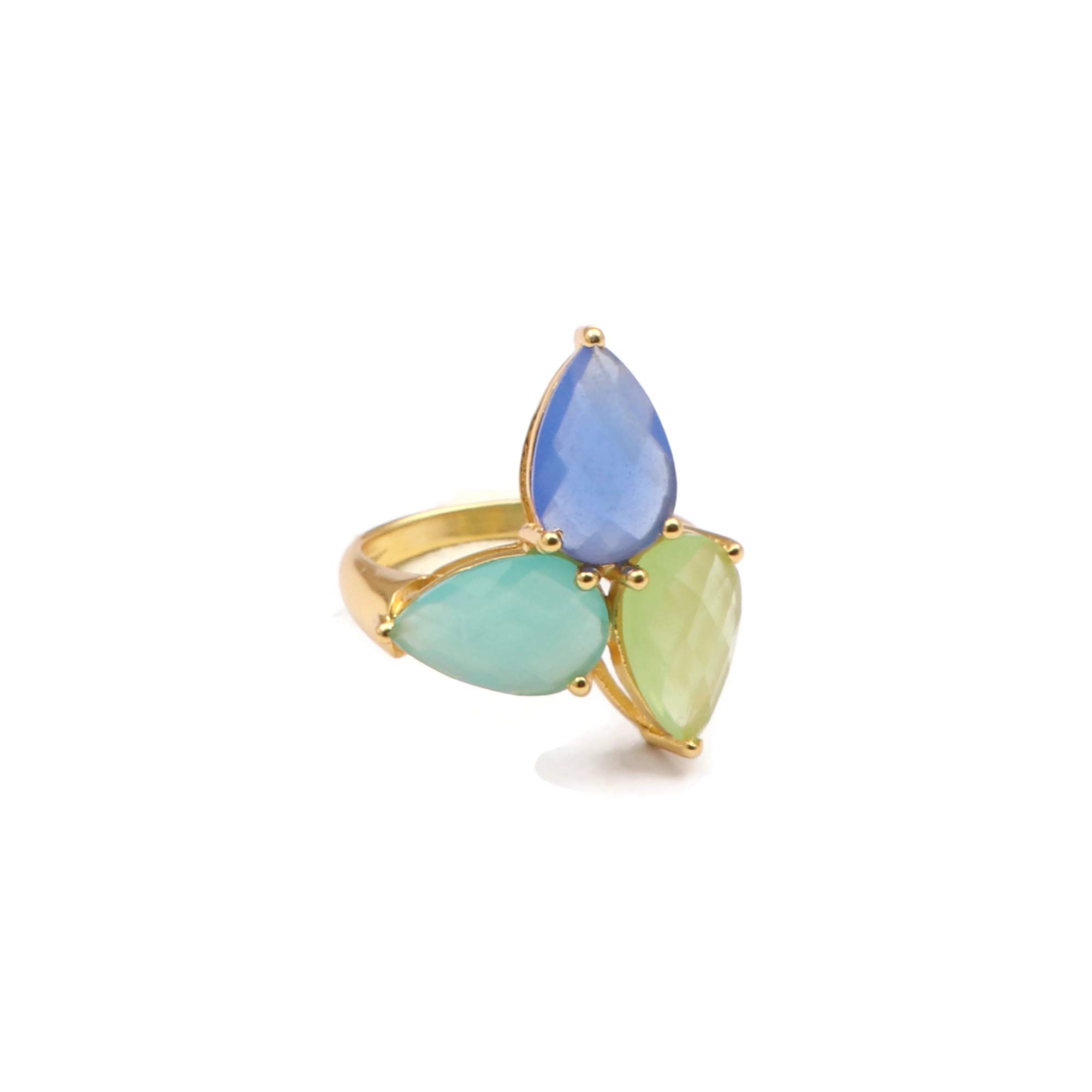 El Joyero Anillo hecho a mano de calcedonia azul, aguamarina y prehnita | Anillo chapado en oro con forma de pera | Anillo de corte de rosa con piedras preciosas | Regalo para ella | Joyería de anillo 1066) 22F