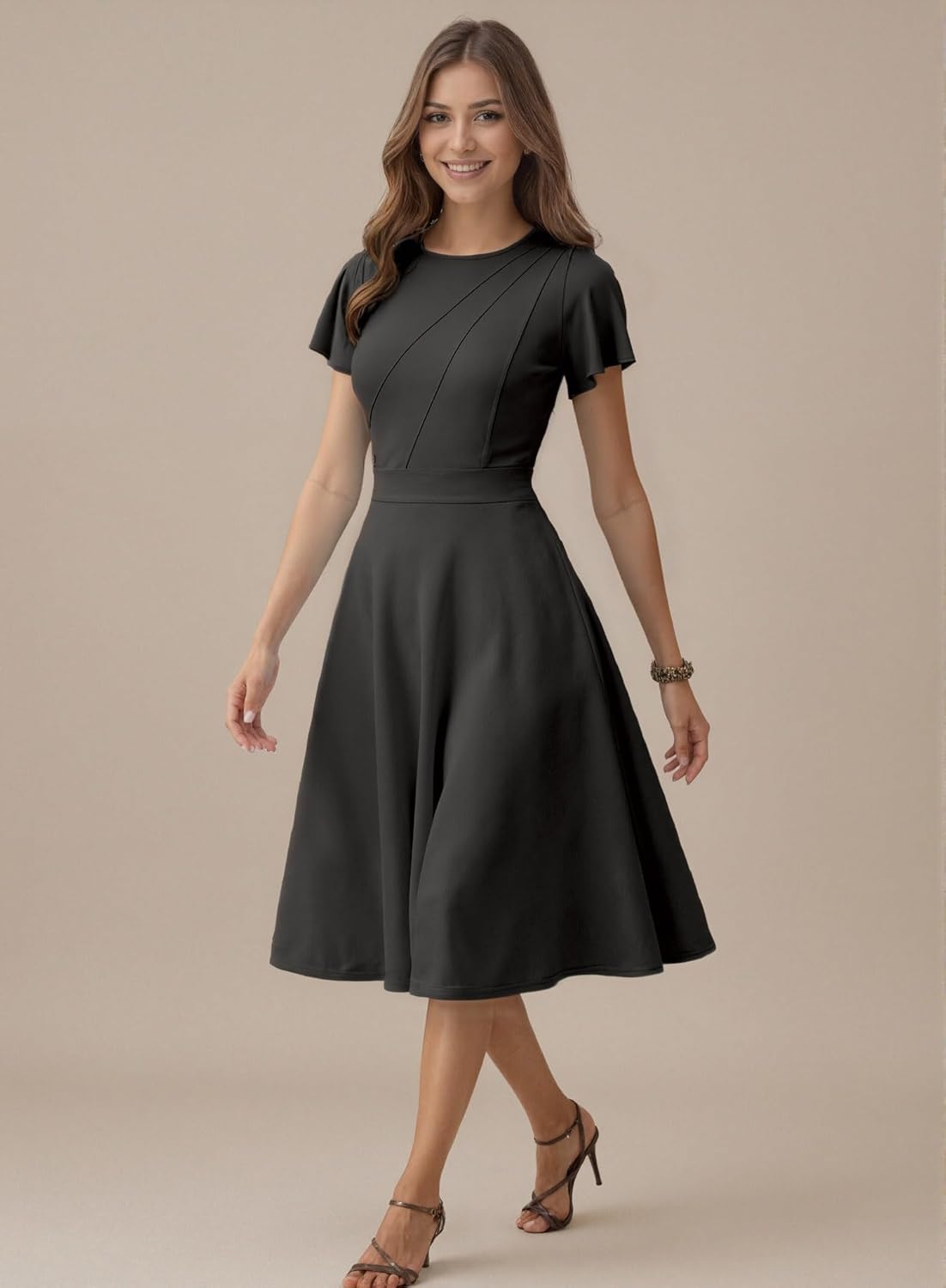 FENJAR Women's Elegance Fit and Flare Cocktail Dress - Casual Ruched A-Line Flowy Midi Dresses for Wedding Guest, Church.. - Image 2