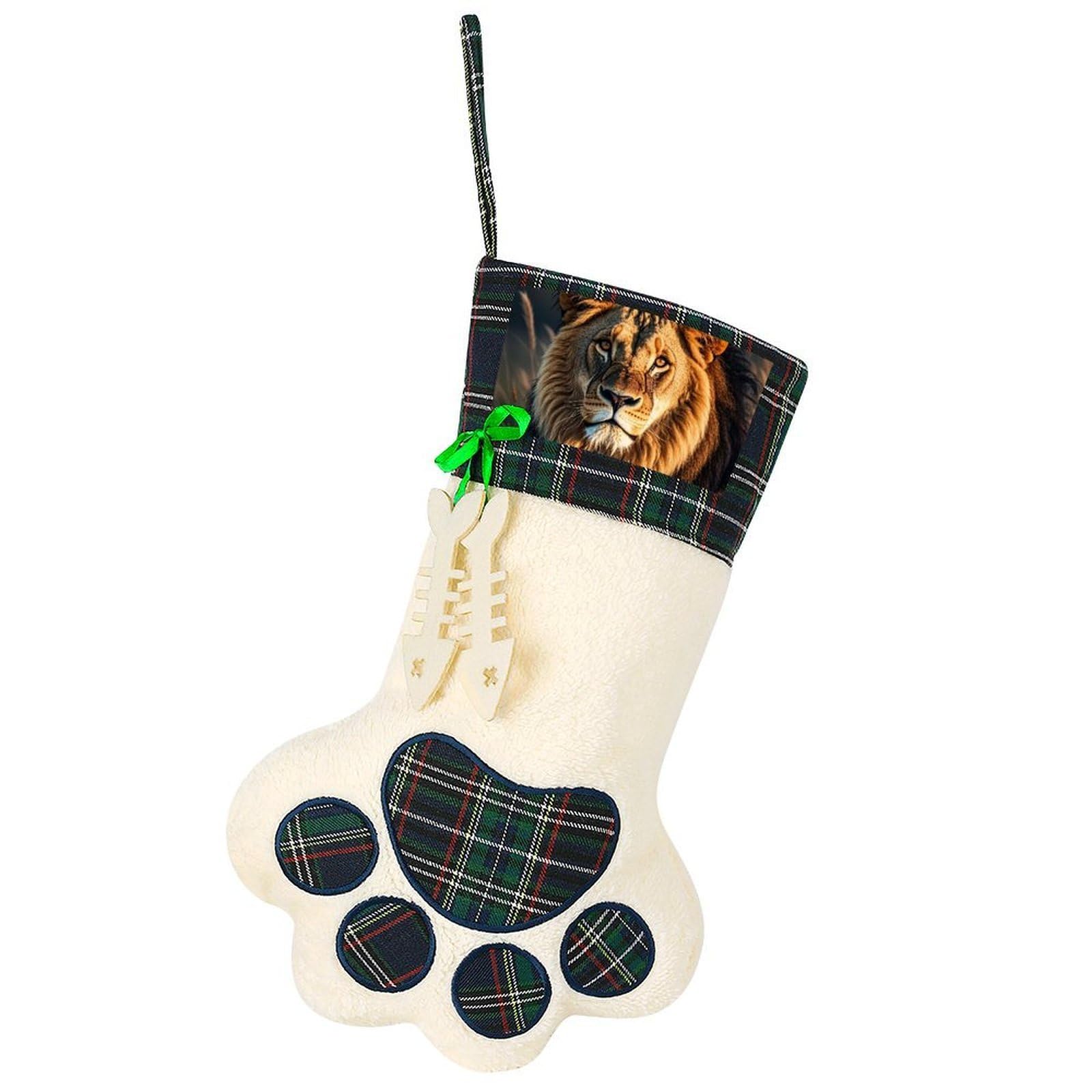 A Lion Dog Paw Christmas Stocking for Pet Lovers 17" Faux Sherpa Pet Stocking with Green Black Buffalo Plaid Bone Accent Xmas Holiday Decor for Tree Fireplace Party Ornament