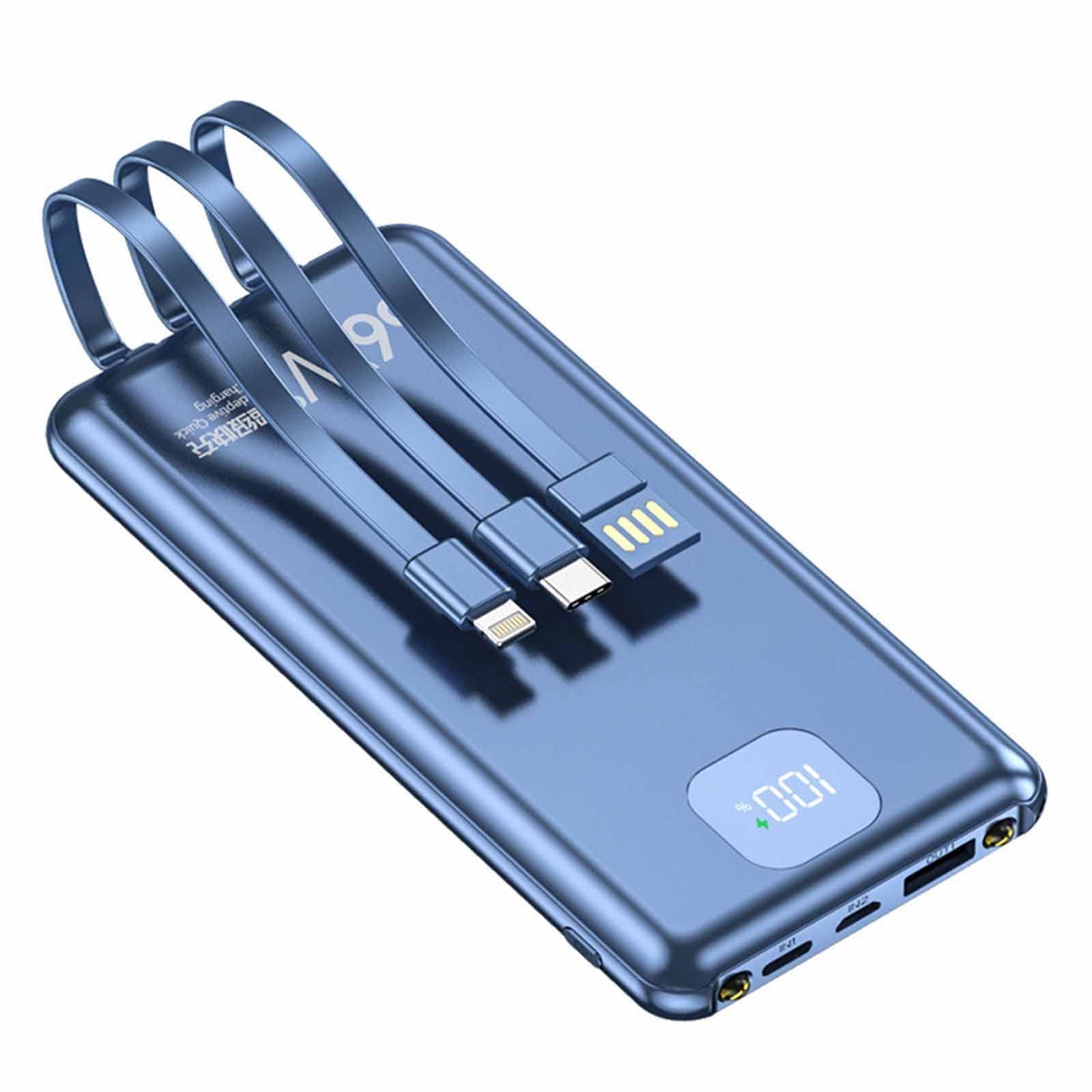 Banco de energía de 20 000 mAh, Cargador portátil con Cables Integrados, USB C, 3 Salidas y 2 entradas, Pantalla LED, Linterna, Cargador de teléfono, Paquete de batería, Azul