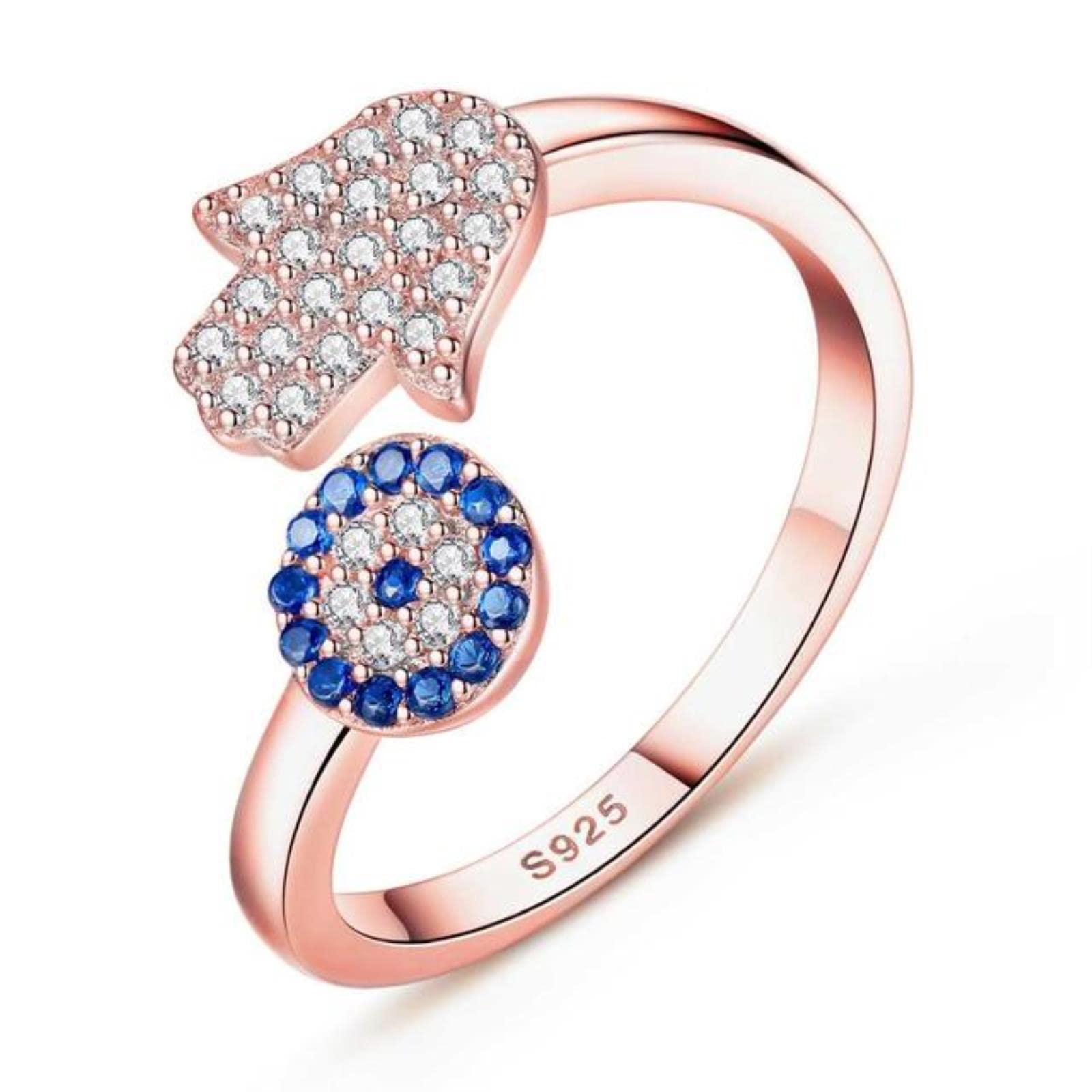 Daomei Women's Blue,Silver 925 Sterling Silver Evil Eye Ring Blue Eye Hamsa Hand Fatima Adjustable Rings Open Ring Wedding Jewelry