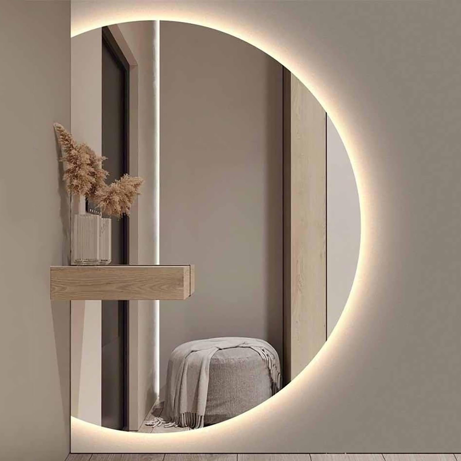 SXFSDOU Half Moon Backlit Vanity Mirror, 39" Smart Light Up Frameless Bathroom Mirror 47" 3 Colors Dimmable with Anti-Fog Shatter-Proof Touch Switch(Left Cut,100x70cm/39x28in)