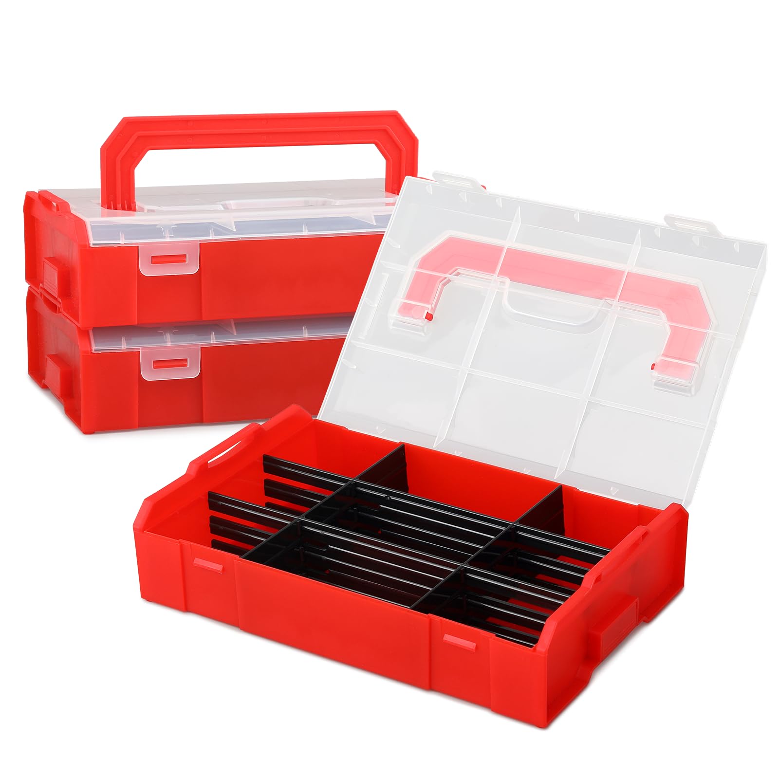 Magshion 3-layer Stackable Tool Box, Storage & Organizer Box with Handle, 9 Grid Waterproof Plastic Fishing Tackle Box with Adjustable Dividers for Small Parts, Screw, Gadgets (11 Inch, Red)