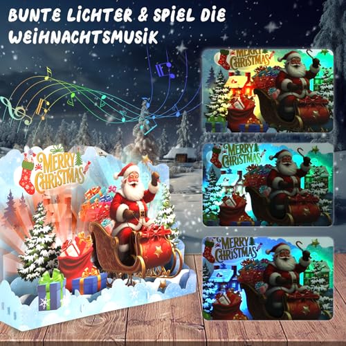 Ecloverlife Weihnachtskarte mit Musik, 3D-Weihnachtsschlitten und Weihnachtsmann Weihnachtskarte mit Licht für Kinder, Frau, Männer, Junge, Mädchen - Xmas Karten