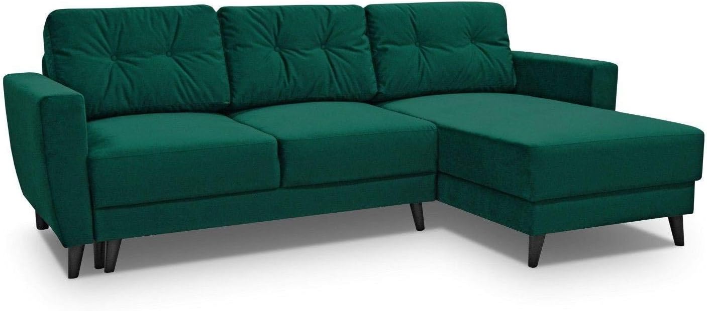 Gama Mobler Corner Sofa Bed Retro with Storage & Sprung Seat, Velluto Fabric, Modular, 3 Seater, L-shape, Universal, Reversible, Pull Out, Wooden Frame (Green)