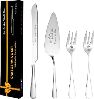 Wedding Cake Knife and Server Set, Stainless Steel Cakes toppers with Forks, Engraved Cake Cutting Set, Cutter Pie Spatula for Engagement, Birthday, Party, Christmas, Anniversary (Silver)