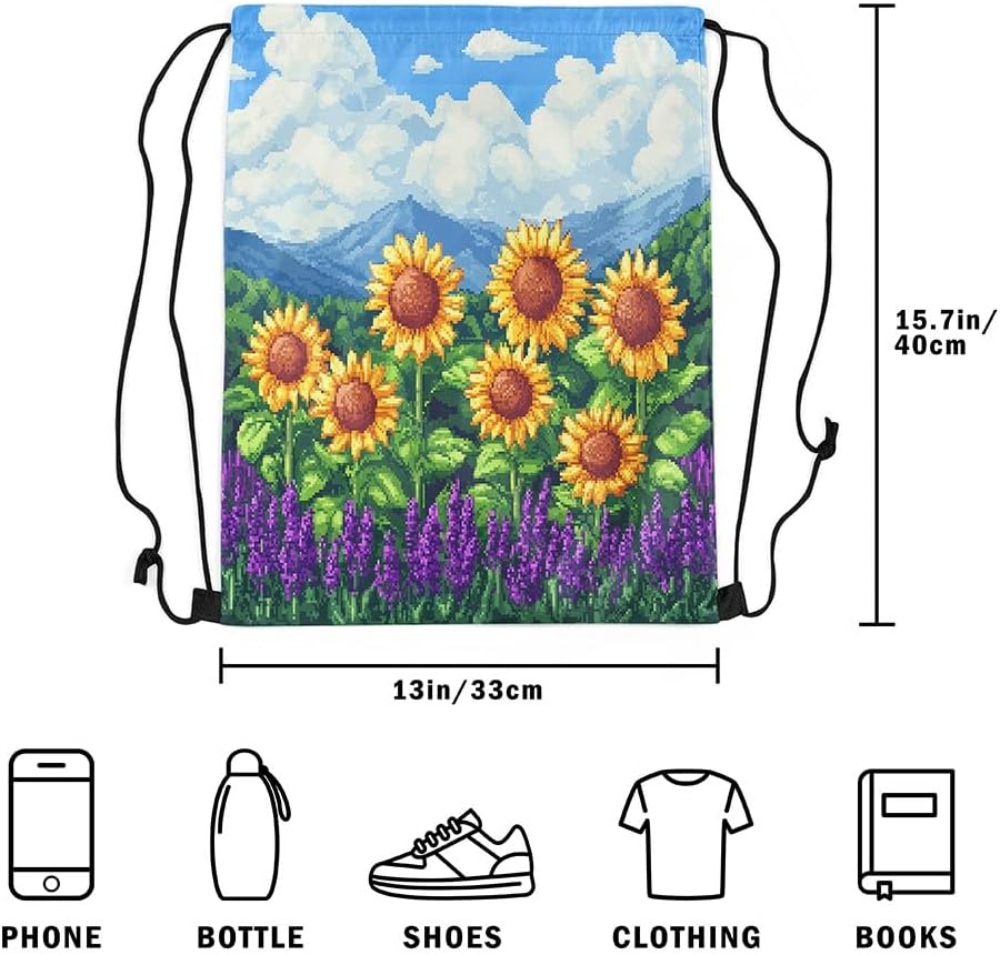 Castle Fairy Sunflower Drawstring Backpack 13"X16" Pixelated Style Sackpack for Gym Sports Video Games Water Resistant String Bag for Women Men image 5