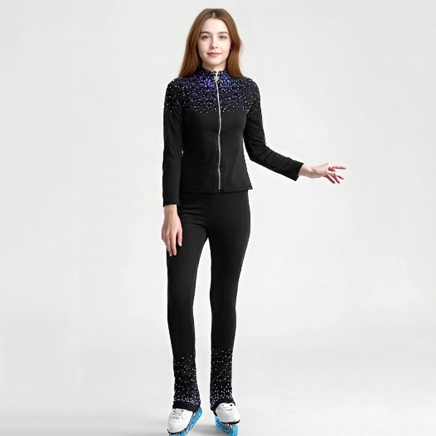 Girls' Black Figure Skating Training Clothes Set Blue Diamond and Velvet Warm Training Clothes