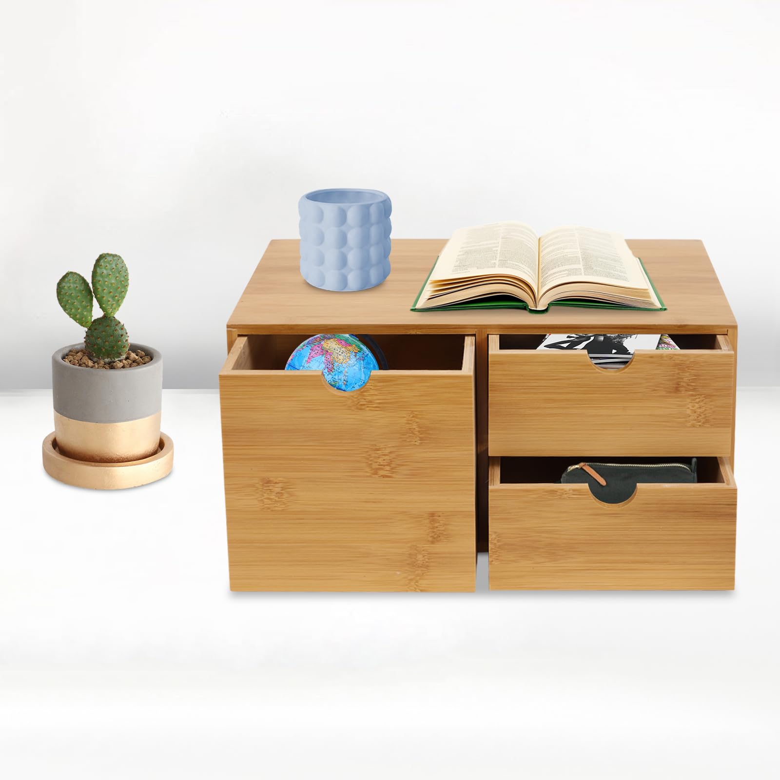 Organizer da scrivania in bambù con 3 cassetti, in bambù naturale, con parte superiore posizionabile, per ufficio, soggiorno, camera da letto