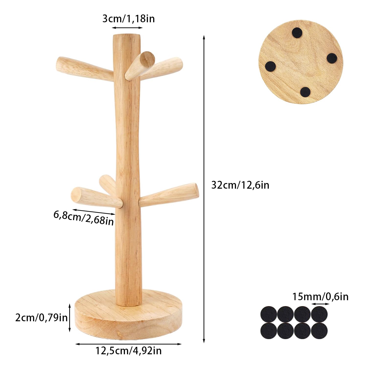 Porta Tazze Ad Alberello In Legno Con 6 Ganci - Organizzatore Per Cucina E Ufficio - Foto 3