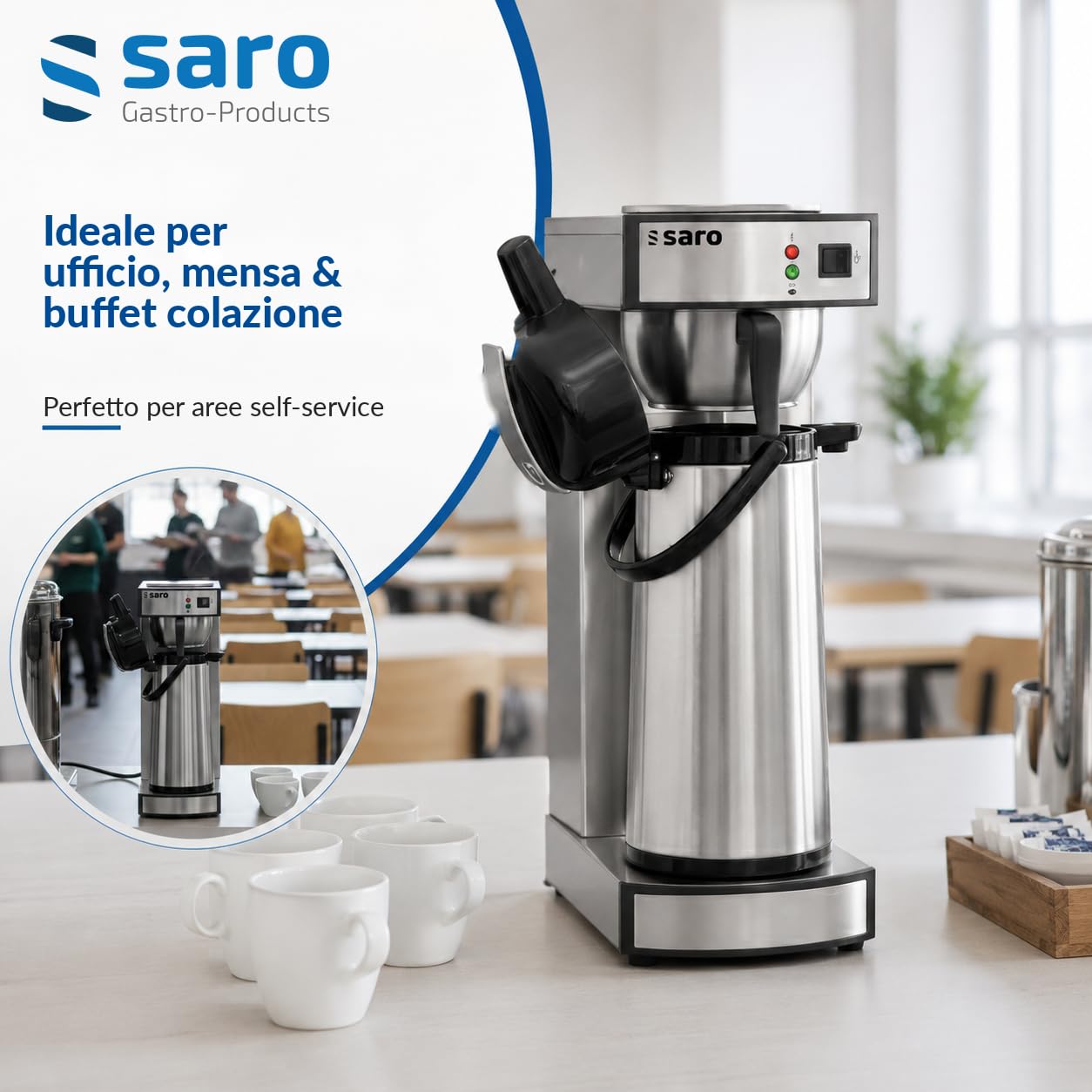 SARO THERMO 24 - Macchina da caffè con caraffa termica a pompa in acciaio inox da 2,2 l, con tempo di infusione di circa 5-6 min., protezione dal funzionamento a secco, da 2,069 kW