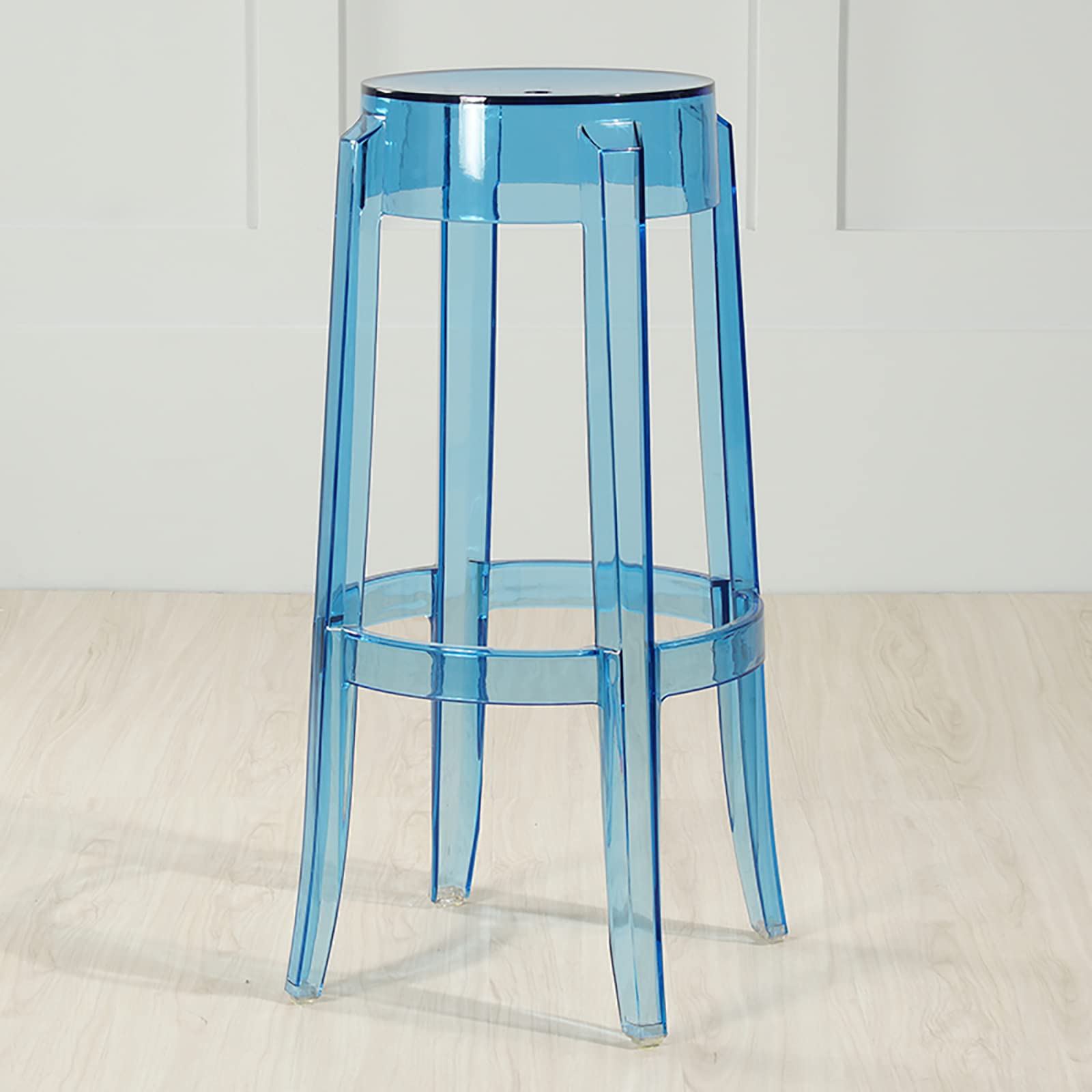 Moderner Barhocker aus transparentem Acryl, stapelbar, für Küche, Wohnzimmer, Schlafzimmer und Büro, Blau, 76,2 cm Sitzhöhe, rückenfrei und transparentes Kunststoff-Design