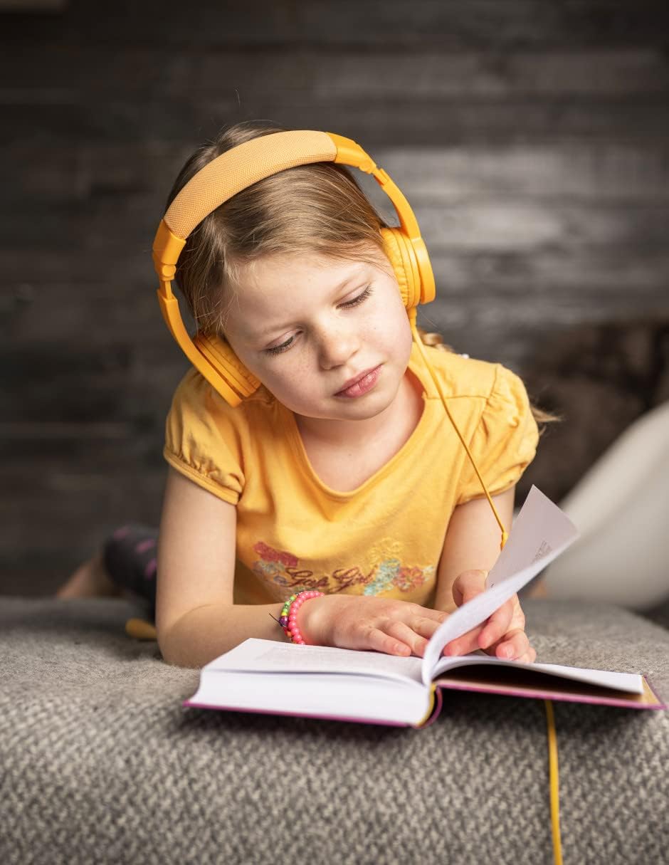 BuddyPhones Explore Plus | Foldable Kids Wired Headphones, Built-in Audio Sharing Cable with in-Line Mic - SafeAudio Volume-Limiting for Kindle, iPad, iPhone, or Android (Sun Yellow)