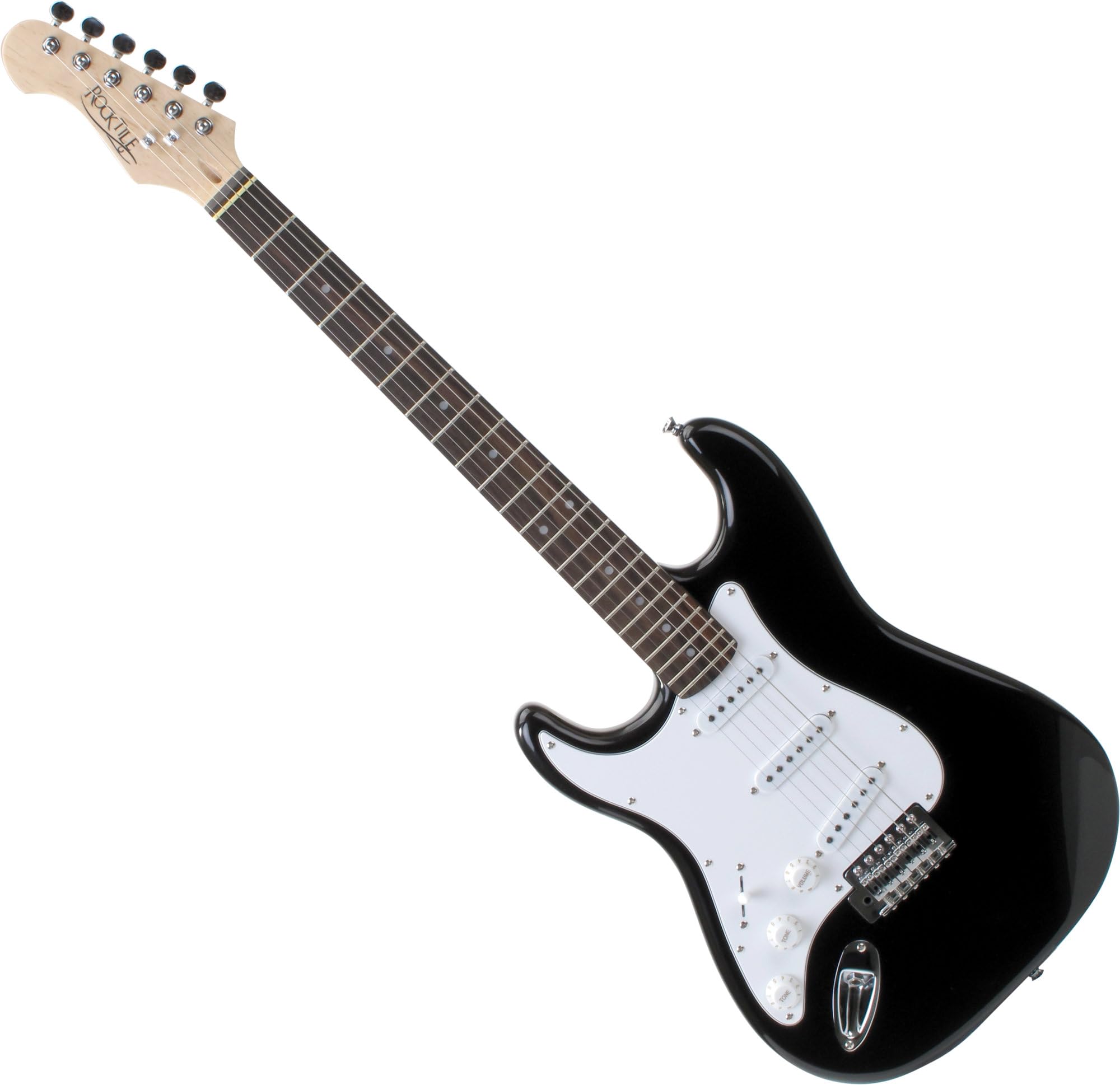 Rocktile Pro ST3 BK RW L Guitare Électrique Gaucher – Guitare ST-Style Noire pour Gaucher – 3 Single-Coils, Système Tremolo Vintage String, 22 Frettes, Manche Palissandre – noire
