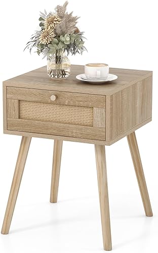 Giantex Mesita de noche de ratán bohemio, mesitas de noche de madera de mediados de siglo con cajón de tejido de ratán, mesita de noche con patas de