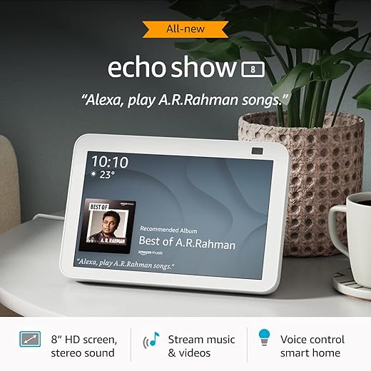 All new Echo Show 8 (2nd Gen, 2021 release)- Smart speaker with 8″ HD screen, stereo sound & hands-free entertainment with Alexa (White)