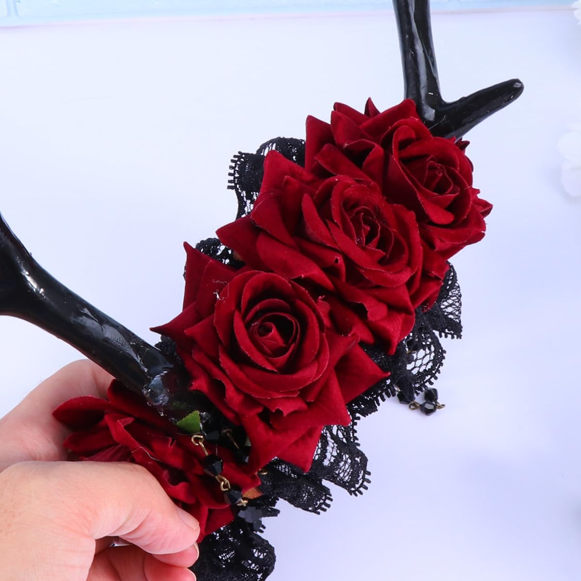 Creative Halloween Headband with Glitter Antlers and Gothic Roses Season