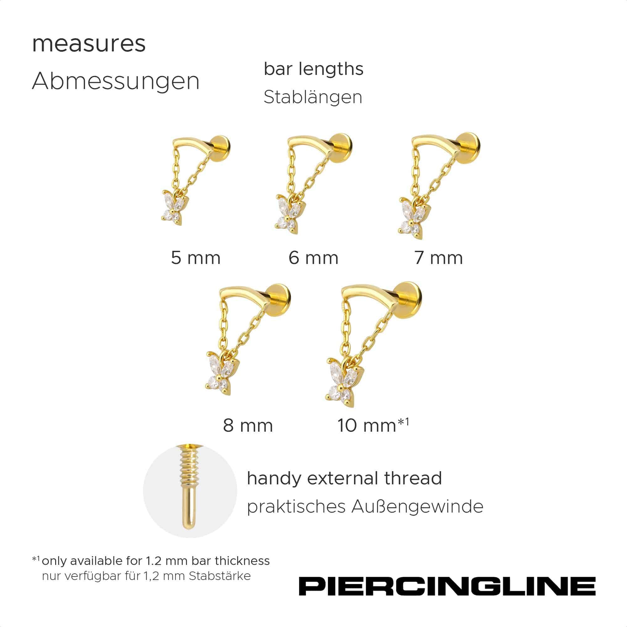 PIERCINGLINE Piercing Stecker Titan Labret mit Innengewinde + 925er Silber Aufsatz MOISSANIT-SCHMETTERLING+ BOGEN + KETTE - Goldfarben, Silberfarben