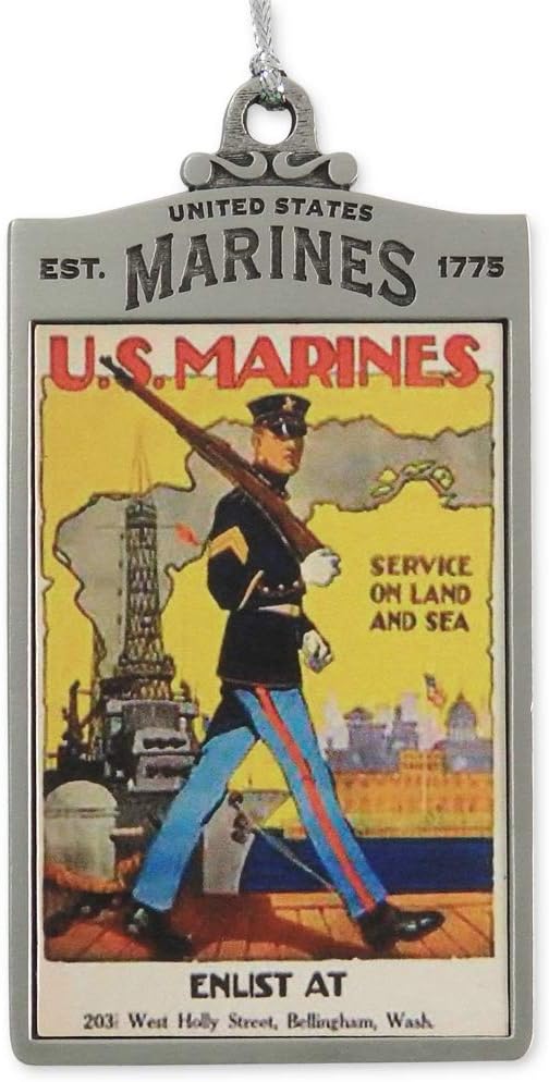 Indiana Metal Craft USMC Pewter Vintage Footlocker Ornament – Officially Licensed Marine Corps Collectible, Historical Poster Art, Made in USA