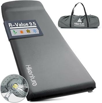 Hikenture Self Inflating Sleeping Pad for Camping, 3 Ultra Thick Camping Pad with Pillow, 9.5 R-Value Insulated Camping Mattress, 4-Season Inflatable Foam Camping Mat for Car, Tent, Cot