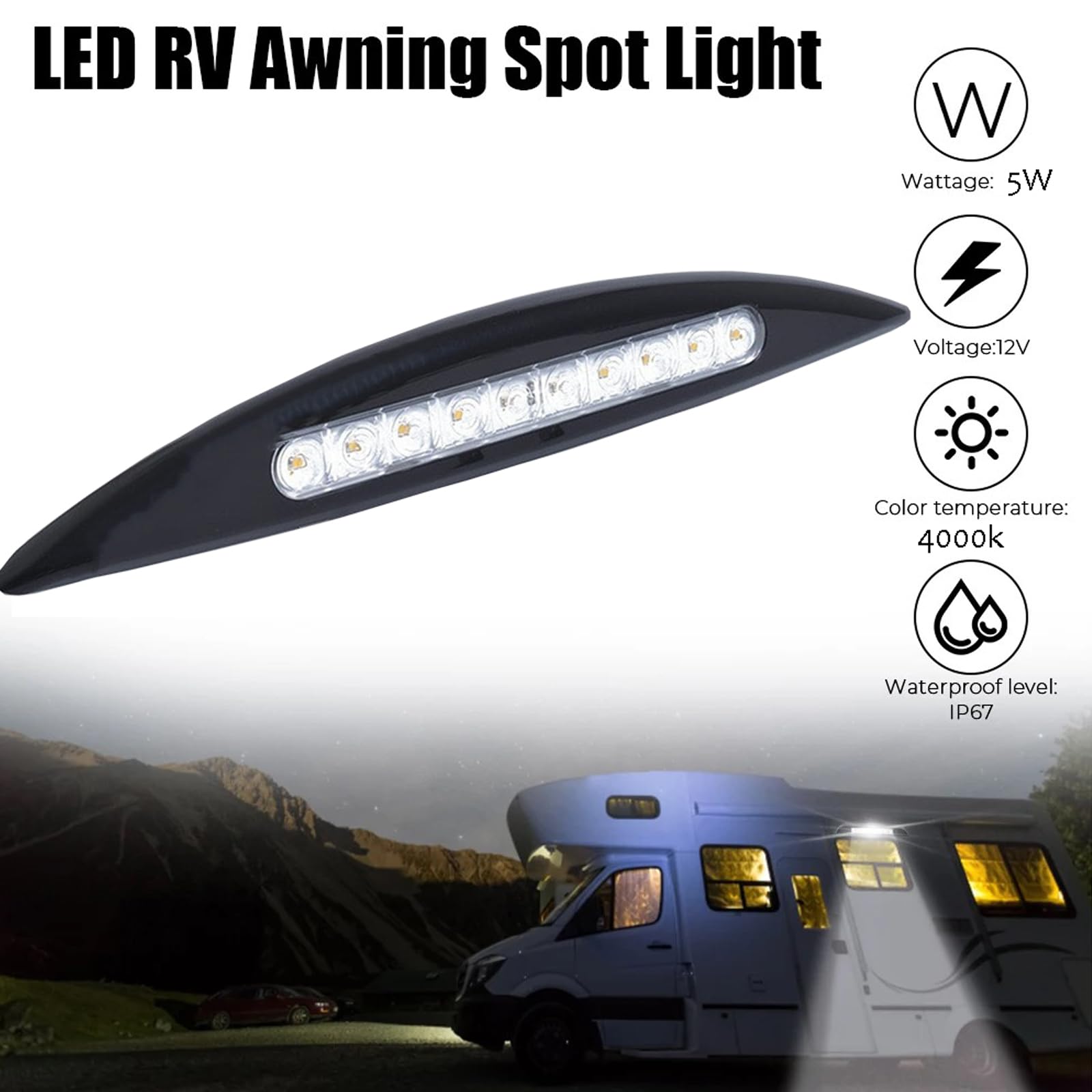 Lumière d'auvent de Porche de Camping-car, Lampe LED étanche de Caravane 12V 24V avec 12 Ampoules, Lumière Extérieure de Porche Universelle pour Remorques de Bateau (Noir)