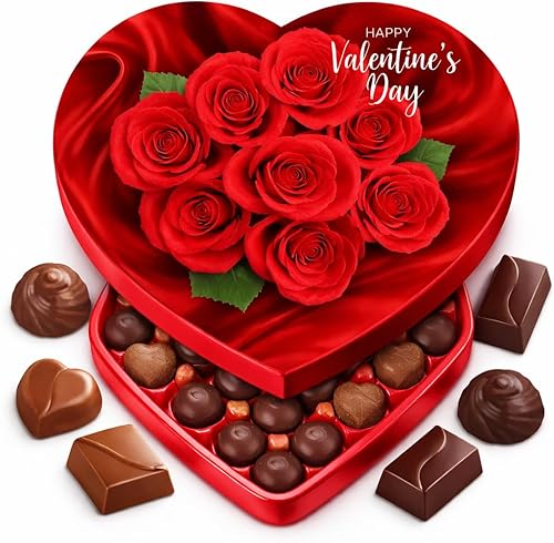 Valentine Day Chocolate Heart Shaped Gift Box - Milk Chocolate Caramel Cocoa Truffle Orange Creme Strawberry Flavors 10 Chocolate Piece - Roses Design May Vary - Her Him Valentine Day Chocolate Heart Shaped Gift Box - Milk Chocolate Caramel Cocoa Truffle Orange Creme Strawberry Flavors 10 Chocolate Piece - Roses Design May Vary - Her Him