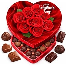 Valentine Day Chocolate Heart Shaped Gift Box - Milk Chocolate Caramel Cocoa Truffle Orange Creme Strawberry Flavors 10 Chocolate Piece - Roses Design May Vary - Her Him