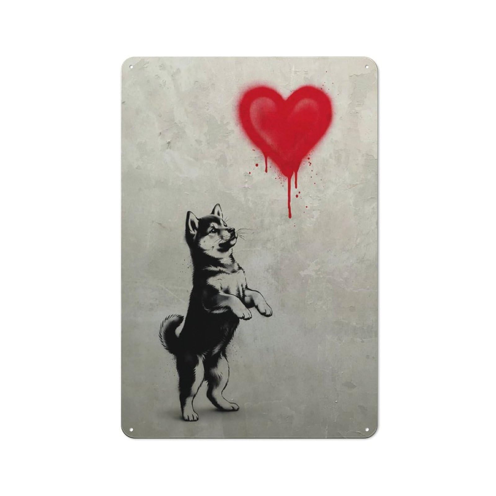 Rustic Shiba Inu with Red Heart Graffiti Banksy Tin Wall Plaque 30x20cm, Rustic Kitchen Decor for Cottage, Kitchen, Hallway Or Breakfast Nook