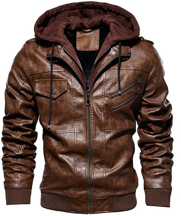 Men's Leather Jacket, Autumn and Winter Casual Leather Motorcycle Jacket with Hood, Faux Two Pieces, Khaki-4XL