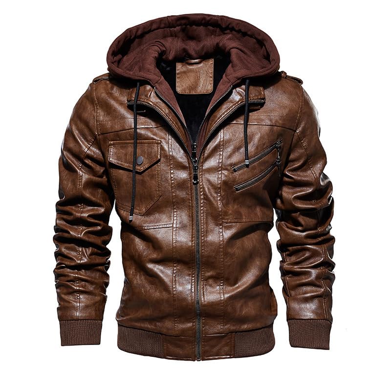 TINNYTT Veste en Cuir pour Homme, Moto Décontractée à Capuche, Faux Deux Pièces, Automne et Hiver, Brown-L