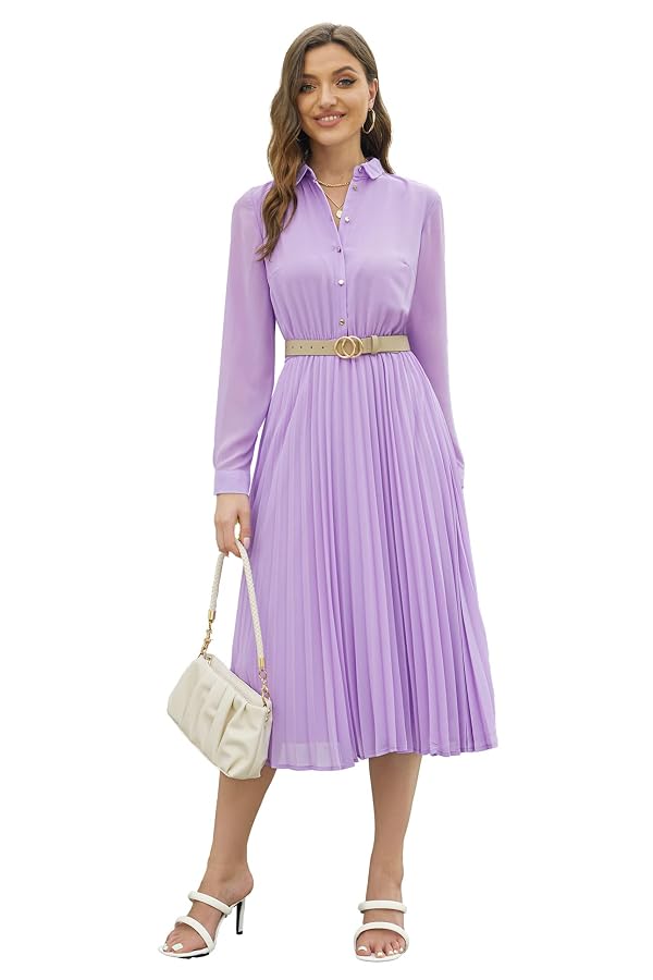 AbleTree Business Casual Shirt Dress for Women Long Sleeves Pleated Midi Dresses with Belt Lilac Purple by AbleTree - Used condition - US$53.99