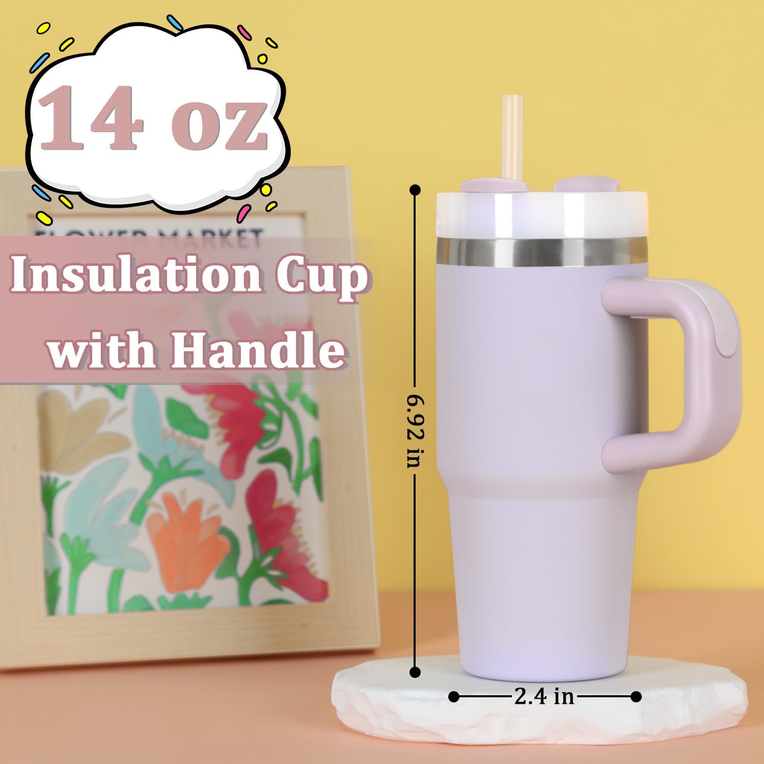 14 Oz Tumbler with Handle and Straw for Kids, Stainless Steel Vacuum Insulated Tumbler Keep Cold Heat and Ice, Gifts for Children Cups (Lavender Purple) - Image 3