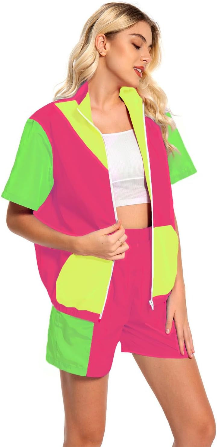 Womens 80s/90s Tracksuit 2 Piece Short Sleeve Outfits Retro Patchwork Sport Windbreaker Zip Elastic Waist Sportswear - Image 4