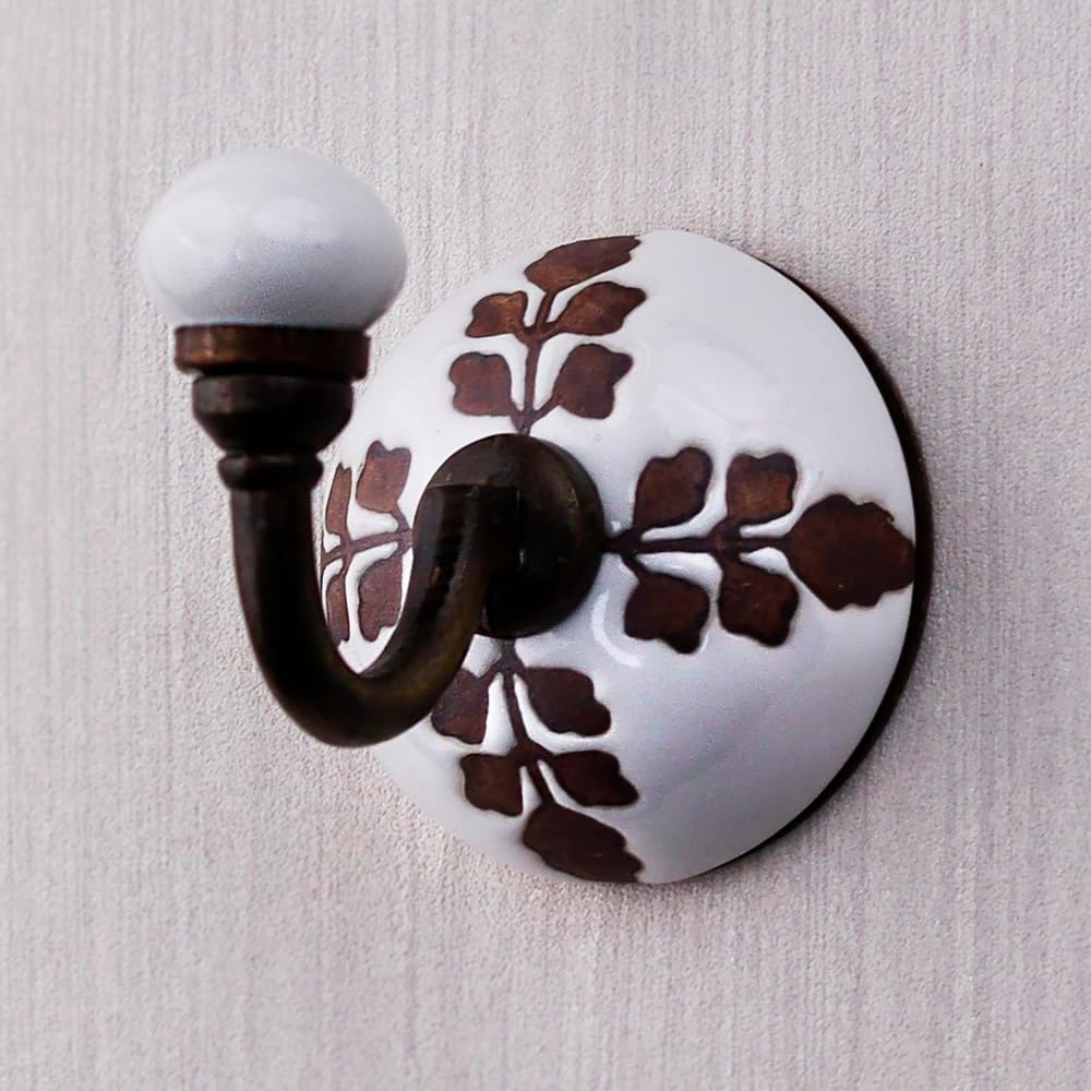 Indian Shelf Ceramic Decorative Cute Hooks for Hanging Coats, Jackets, Leash, Hat, Towel, Backpack, Purse, Handbag Hanger [White]
