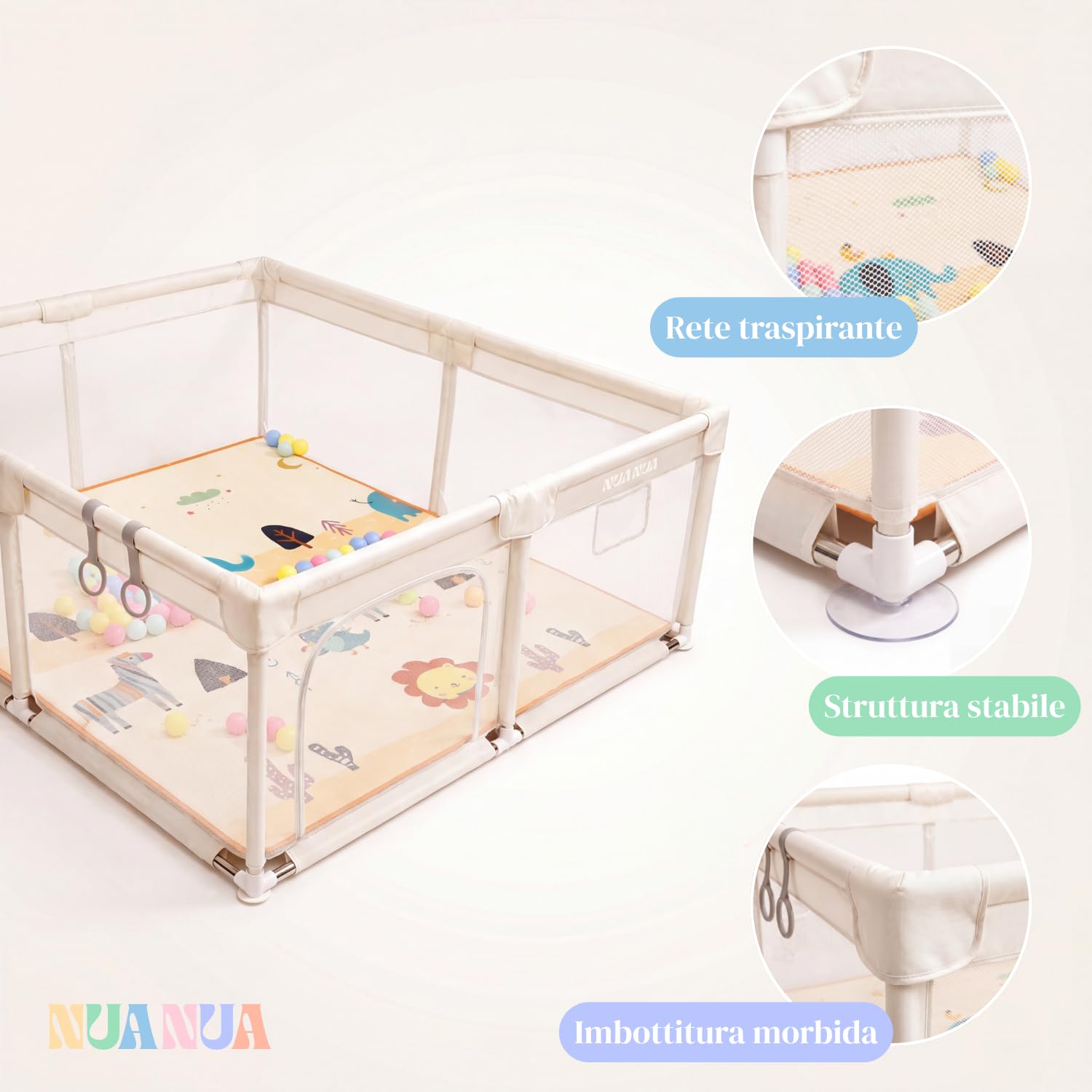 NUANUA Box Bambini XXL 150x180 cm - Recinto Neonato con Tappeto - Beige | Smontabile con materassino, palline, cesto e maniglie - piscina di palline per interno ed esterno - per bimbi 0-36 mesi