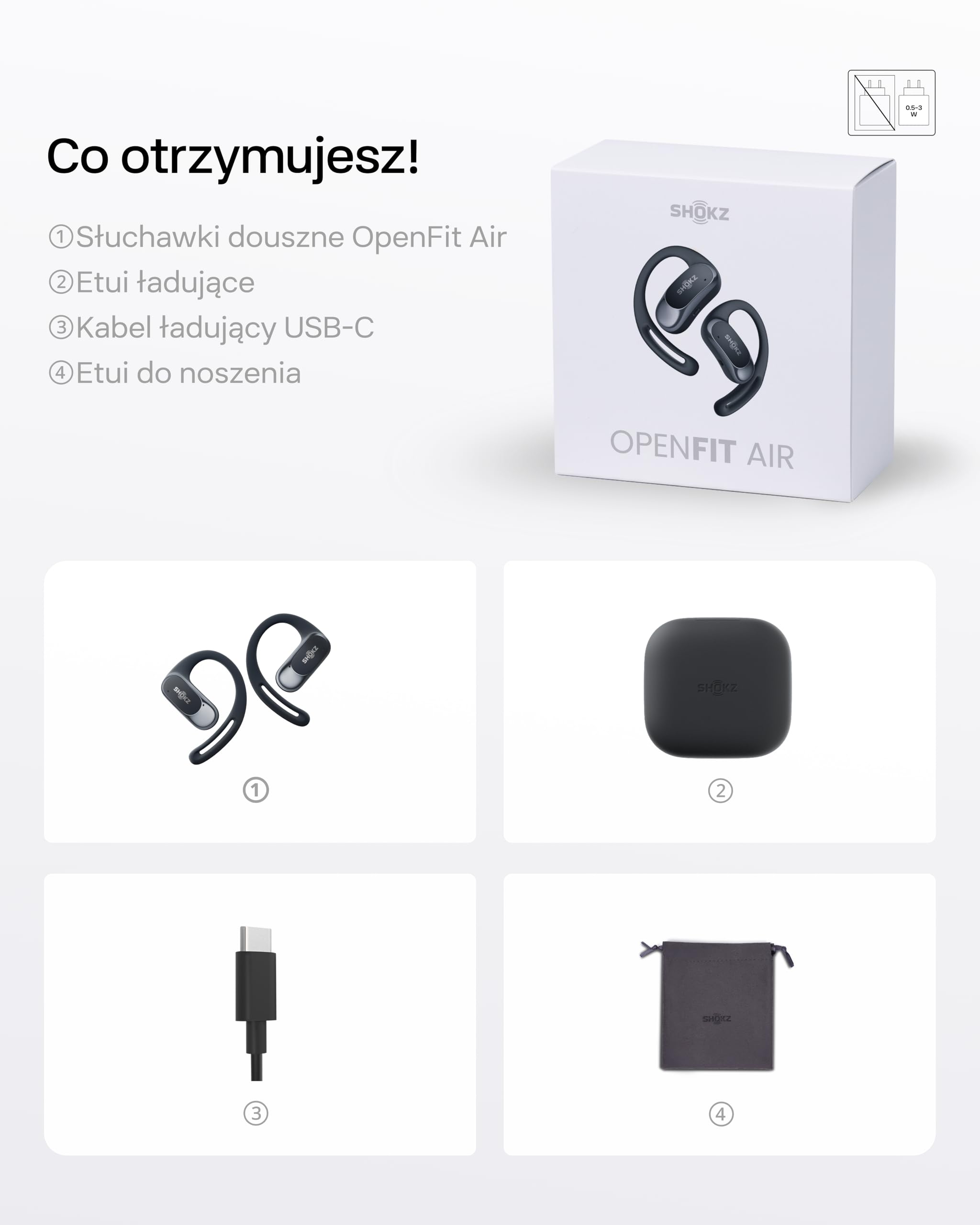 Shokz OpenFit Air słuchawki open-ear, szybkie ładowanie, Czarne | True Wireless, 28h baterii, IP54, szybkie ładowanie, mikrofon, z etui, do treningu i codziennego użytku