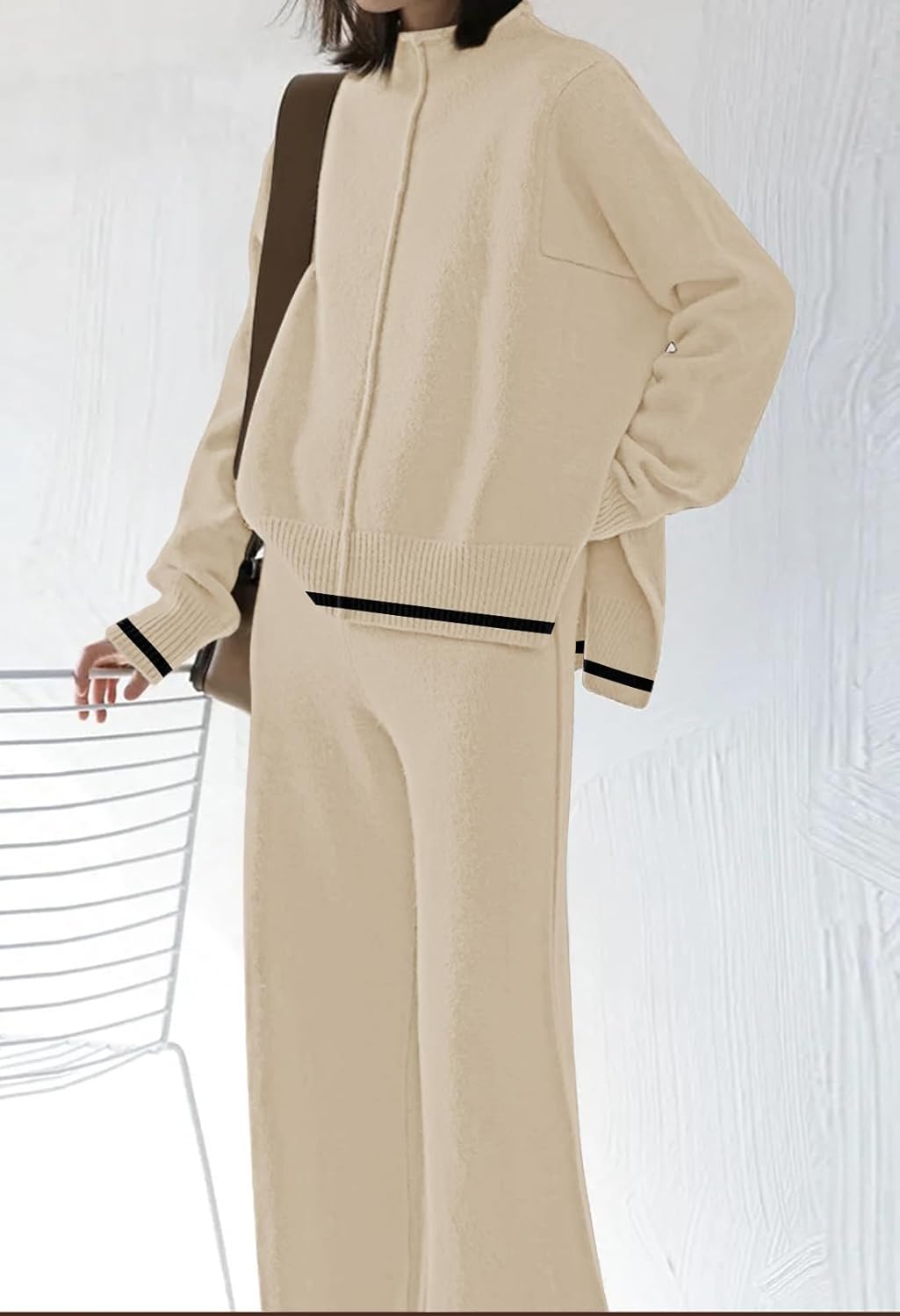 Fixmatti Women Sweater Set 2 Piece Knit Sweatsuit Turtleneck Sweater Top and Wide Leg Pant Lounge Outfits - Image 4