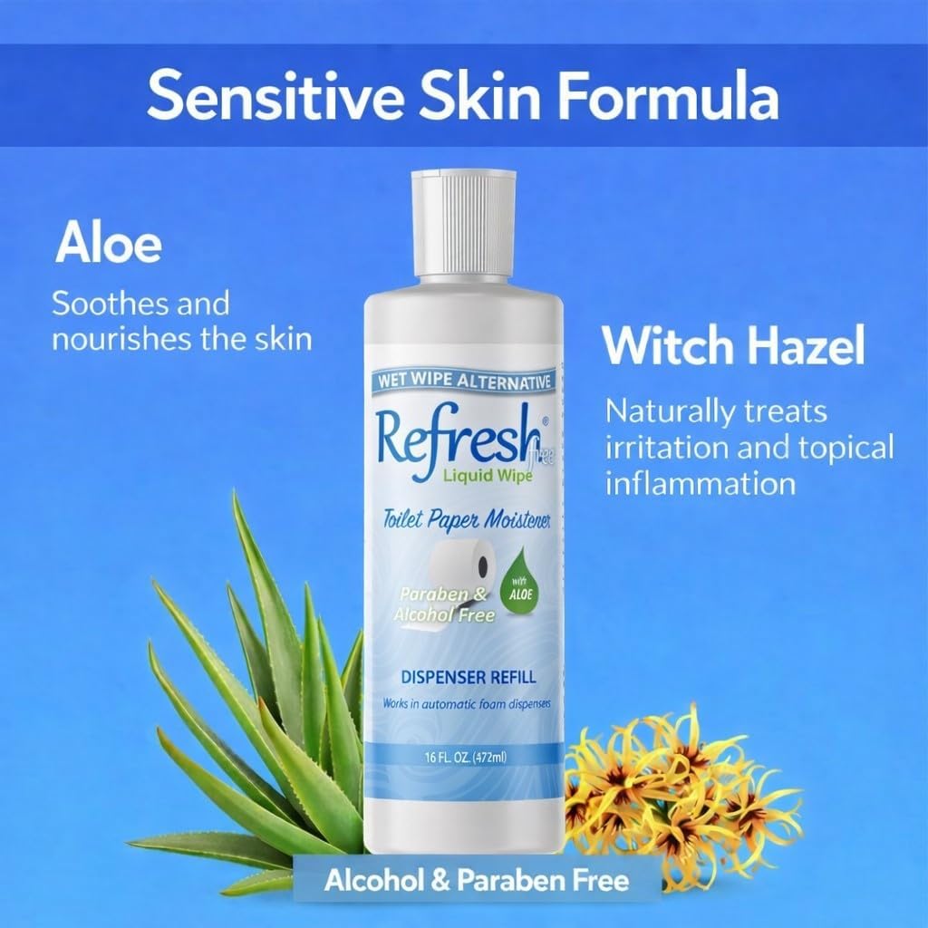 Refresh Liquid Wipe Free - Toilet Paper Foam Dispenser Refill for Sensitive Skin – Flushable Wet Wipe Alternative with Witch Hazel & Aloe – Alcohol & Paraben Free, 16 oz Refill - Image 2