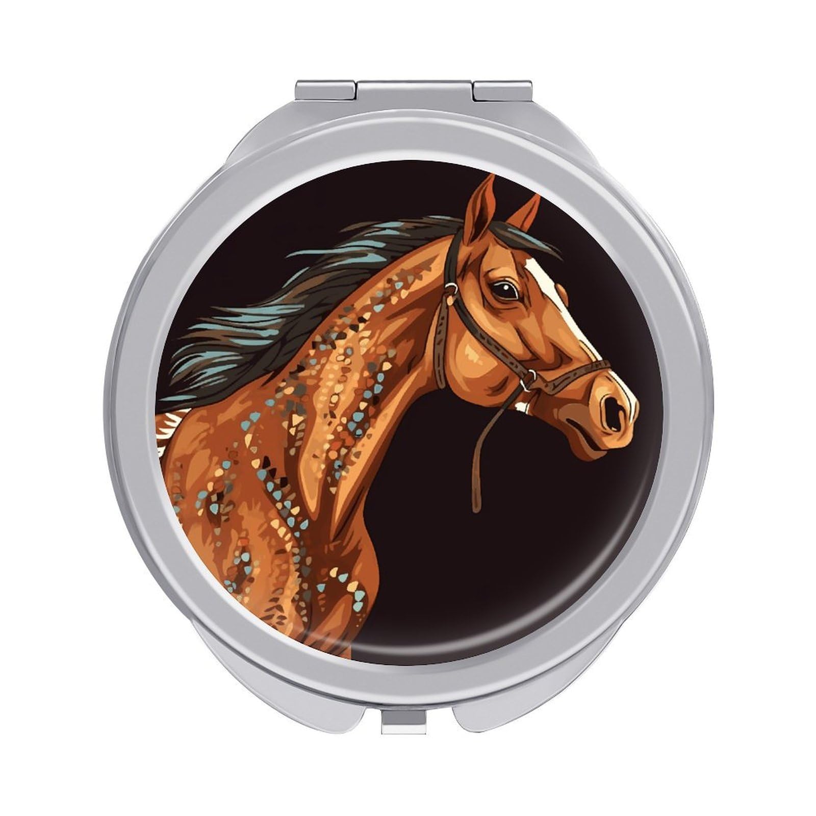 JTREHY Brown Horse Makeup Mirror Portable Folding Mirror Compact Travel Mirrors 2-Sided Round Pocket Mirrors Cute Handheld Beauty Mirror for Handbag Purse for Women Gift
