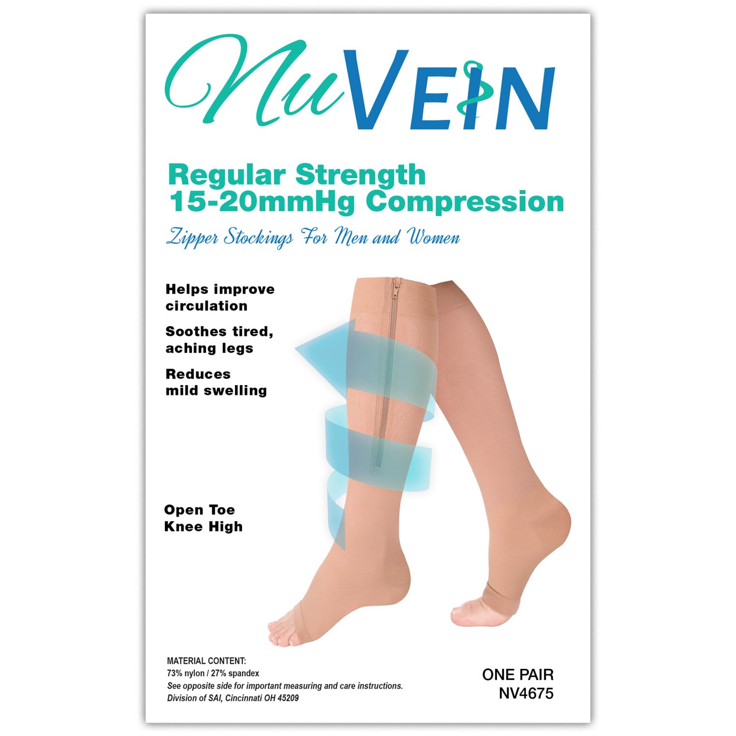NuVein Medical Compression Stockings, 15-20 mmHg Support, Zipper Opening, Knee Length, Closed Toe, Beige, Medium