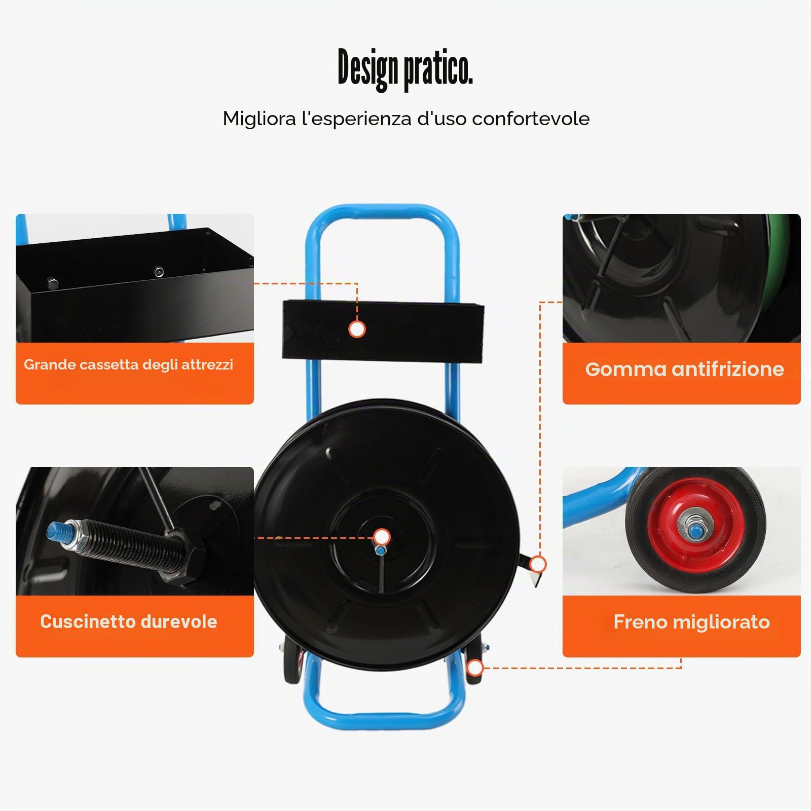 Carrello per Reggiatura, Carrello per Fascette da Imballaggio Professionale con Ruote per Reggia PP/PET/Fibra da 203 mm Fino a 70 kg, Magazzino e Uso Esterno