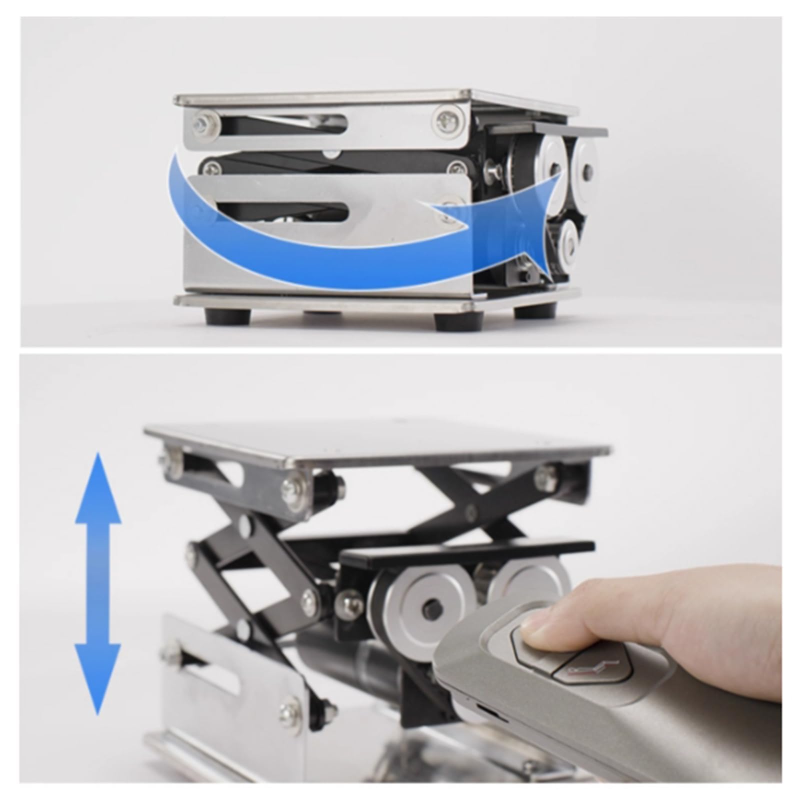 Plataforma elevadora eléctrica con mando a distancia, capacidad de carga de 10 kg, velocidad de elevación de 60 segundos, ideal para laboratorios escolares y producción, diseño compacto de 20 x 20 cm