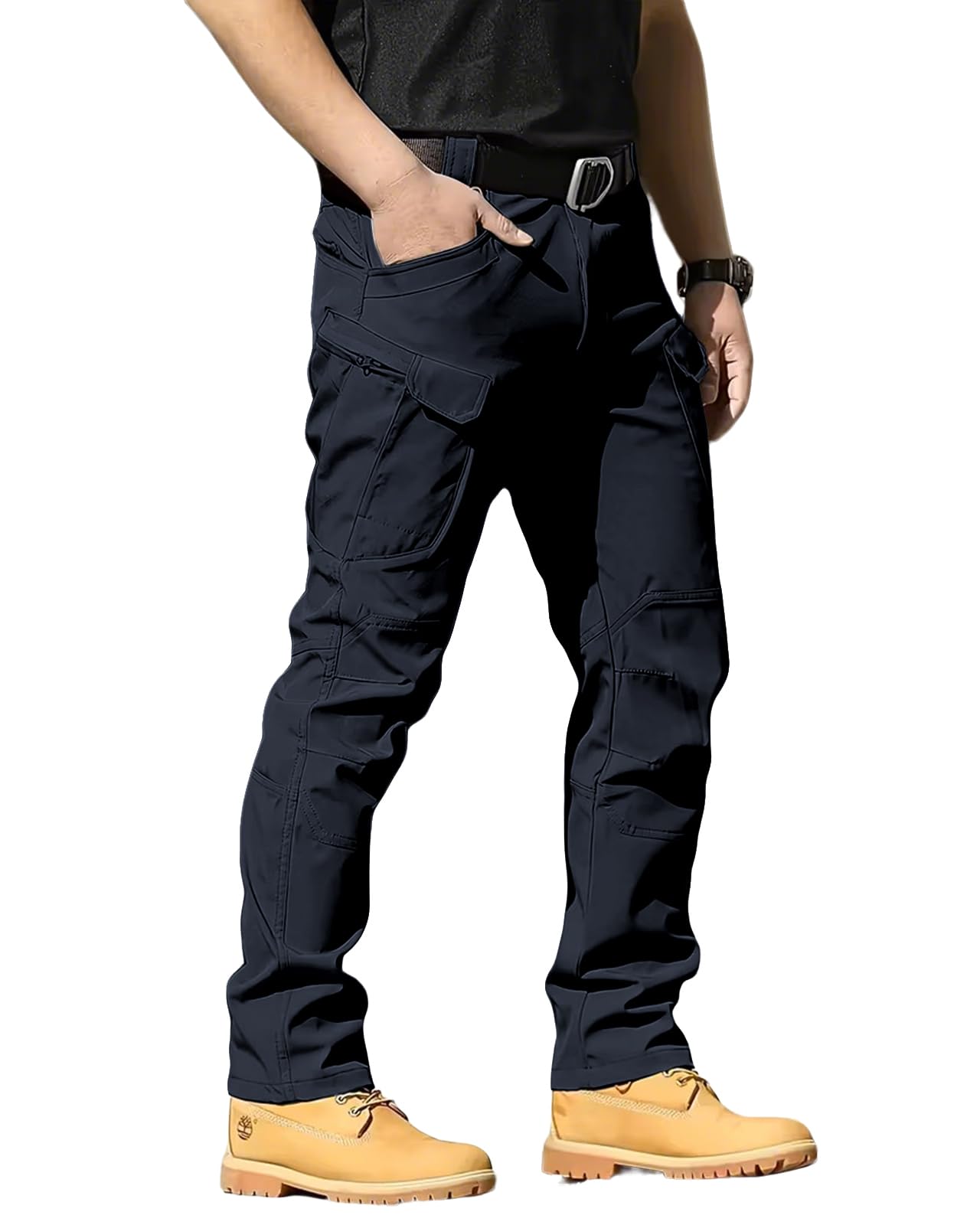 Men's Tactical Pants Stretch Waterproof Fabric Durable Cargo Pants for Hiking Casual Work Multi Pockets (No Belt) XX-Large Navy Blue